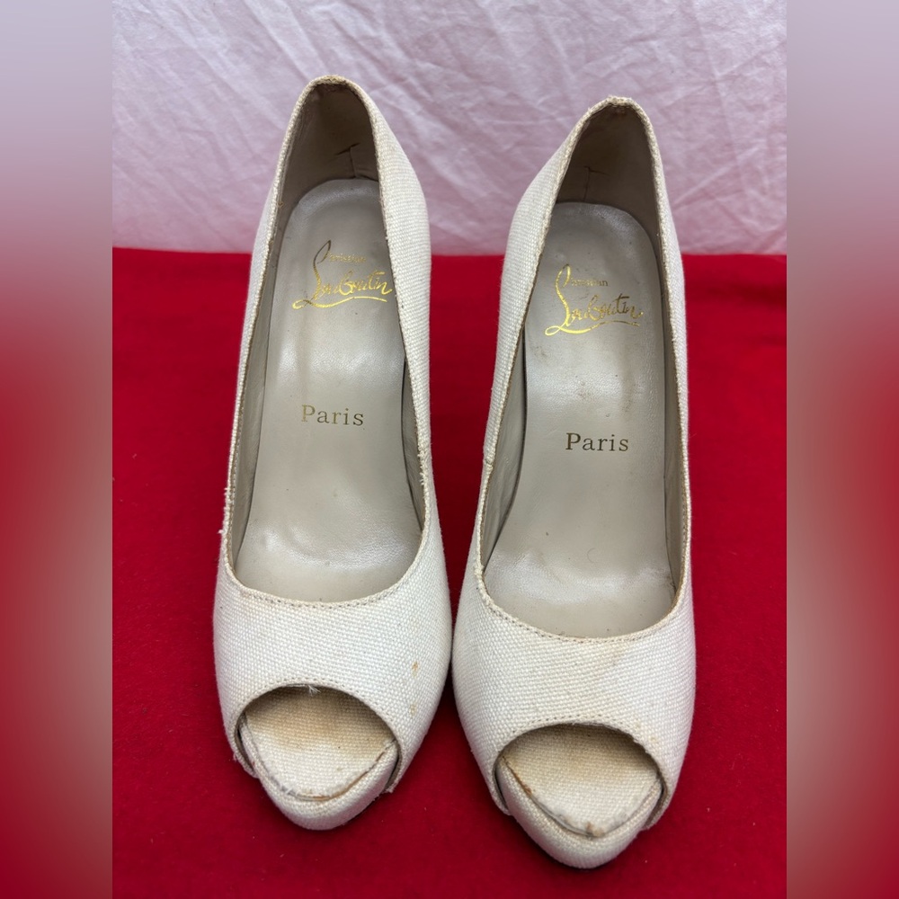 Ivory Peep-Toe Canvas Pumps, SZ 36, box 18
